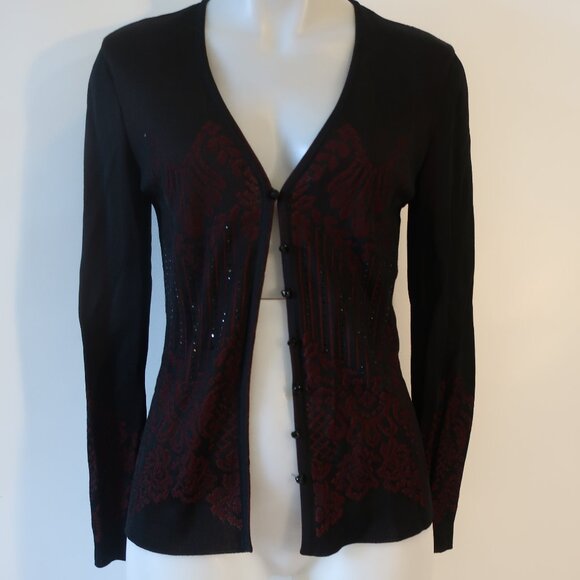 Womens Escada Black Red Floral Knit Cardigan Sweater 36 US/S - Picture 1 of 14